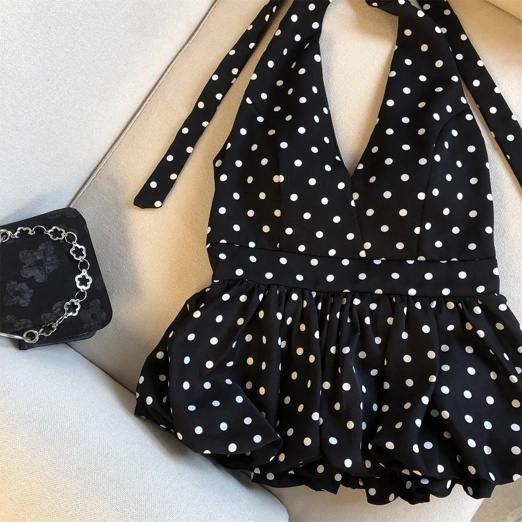 Crop top dos nu à pois — Haut halter volants plage femme