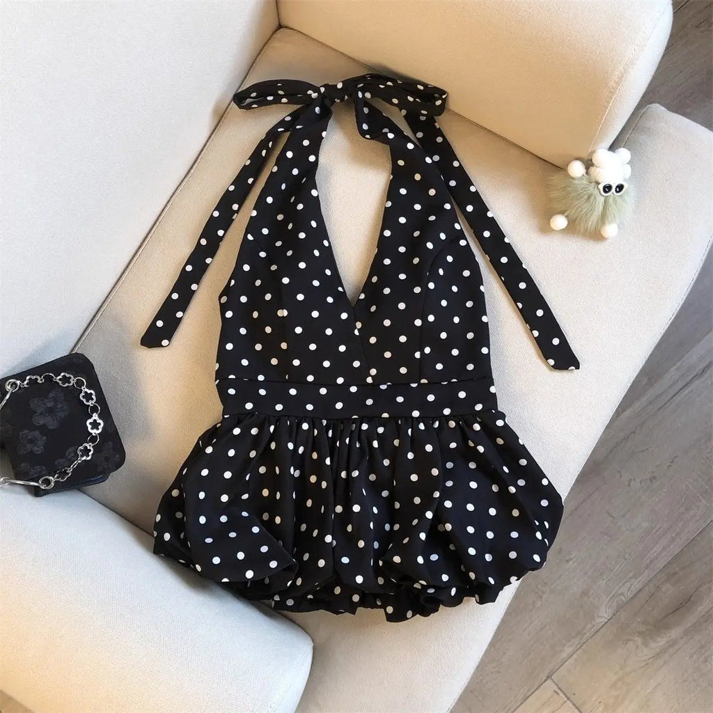 Crop top dos nu à pois — Haut halter volants plage femme