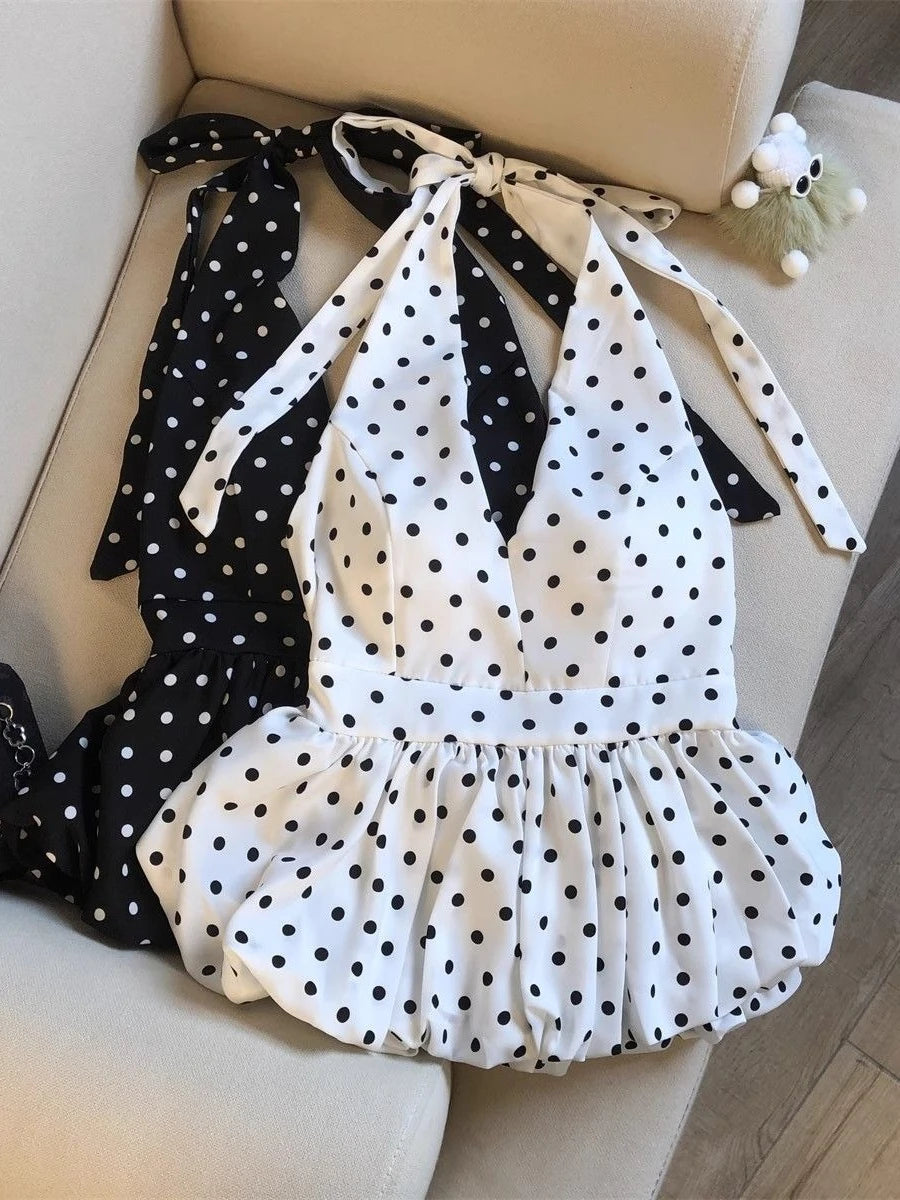 Crop top dos nu à pois — Haut halter volants plage femme