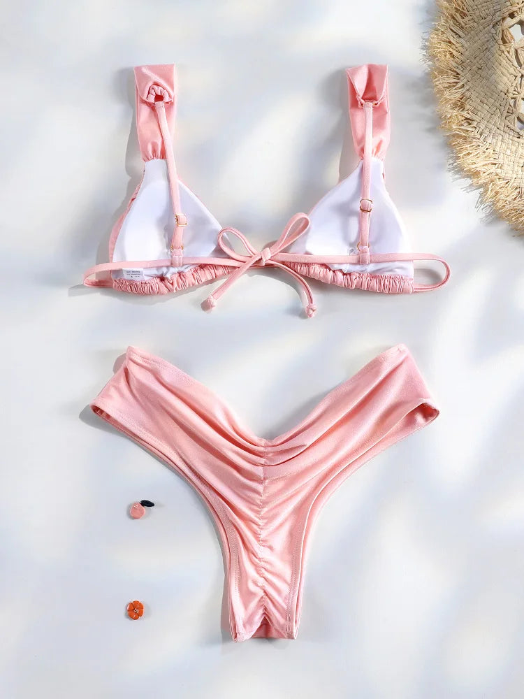 Bikini uni froncé micro triangle — Maillot de bain femme volants