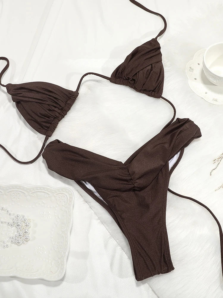 Bikini uni froncé micro triangle — Maillot de bain femme volants