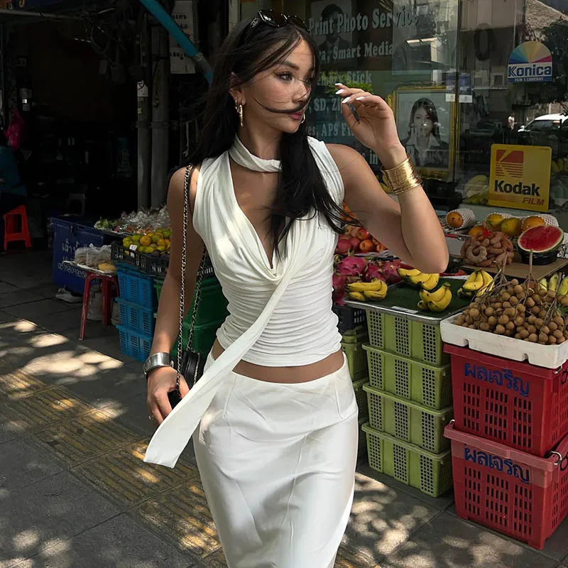 Débardeur côtelé slim sans manches — Top bandage col V femme streetwear