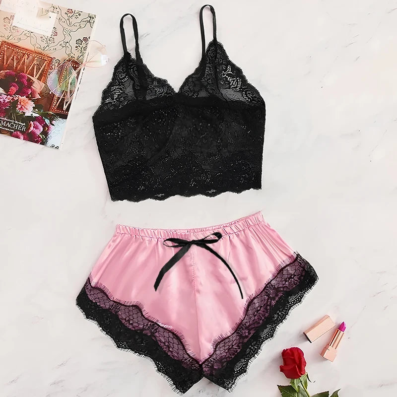 Ensemble pyjama satin 2 pièces — Top dentelle + short femme