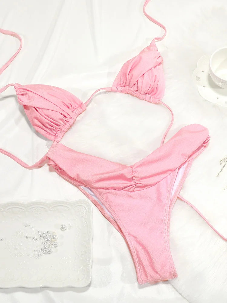 Bikini uni froncé micro triangle — Maillot de bain femme volants