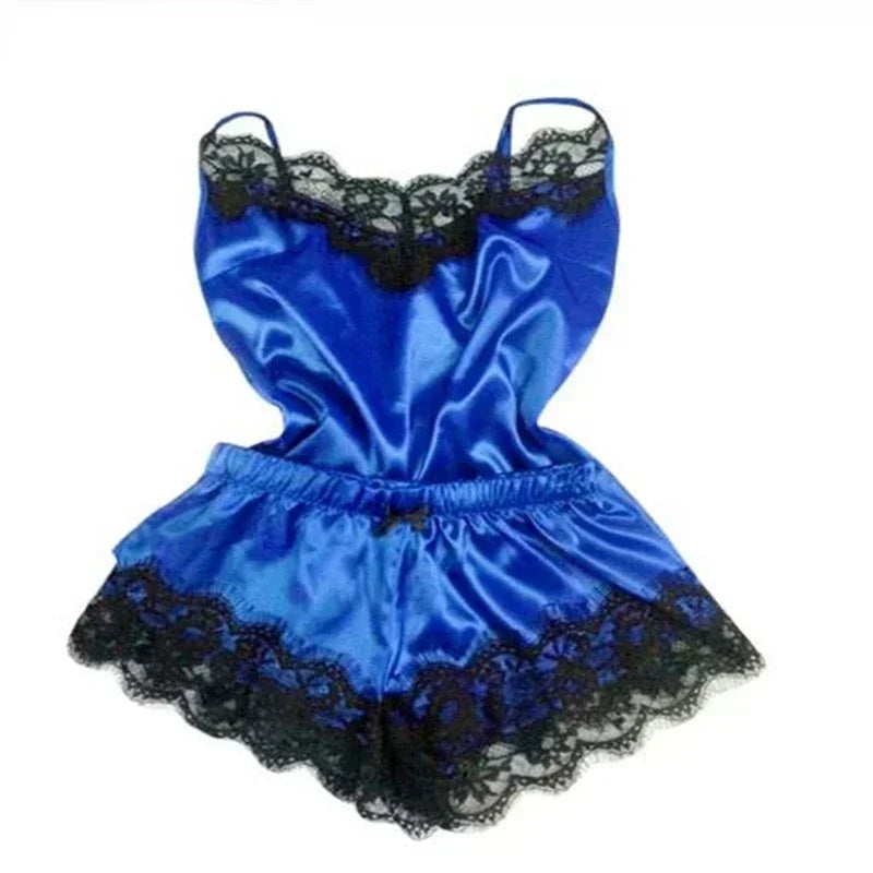 Ensemble pyjama soie lacet — Top spaghetti + short confort femme