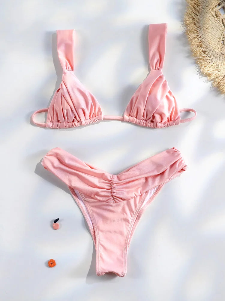 Bikini uni froncé micro triangle — Maillot de bain femme volants