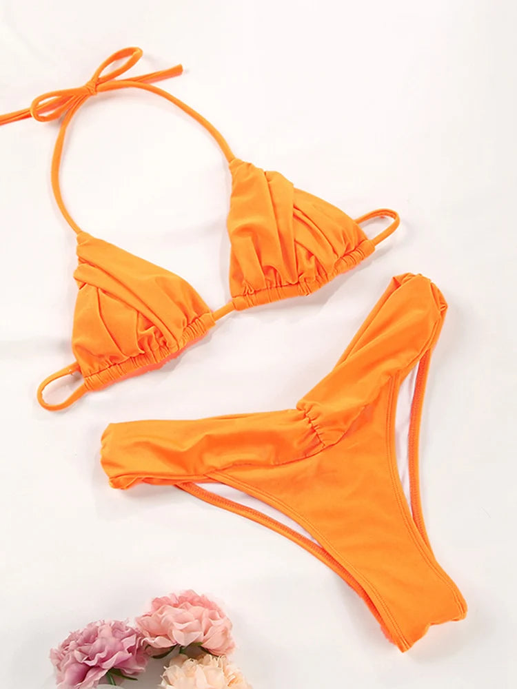 Bikini uni froncé micro triangle — Maillot de bain femme volants