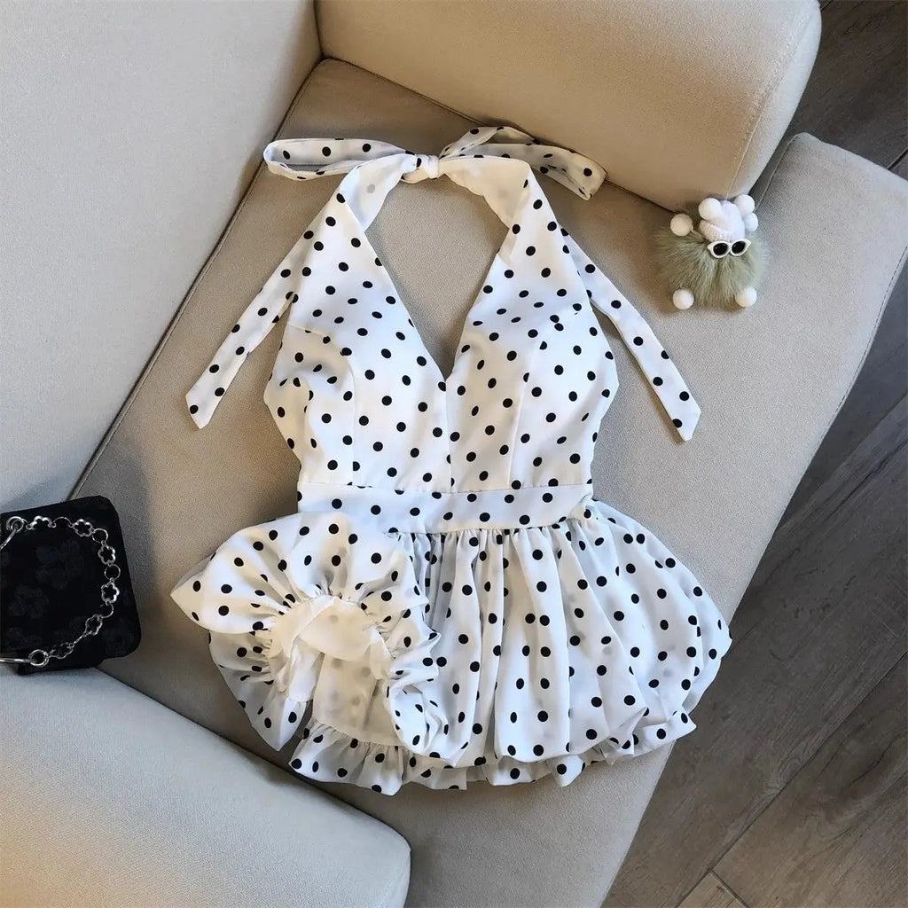 Crop top dos nu à pois — Haut halter volants plage femme
