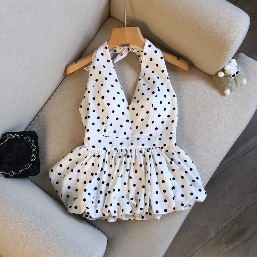 Crop top dos nu à pois — Haut halter volants plage femme