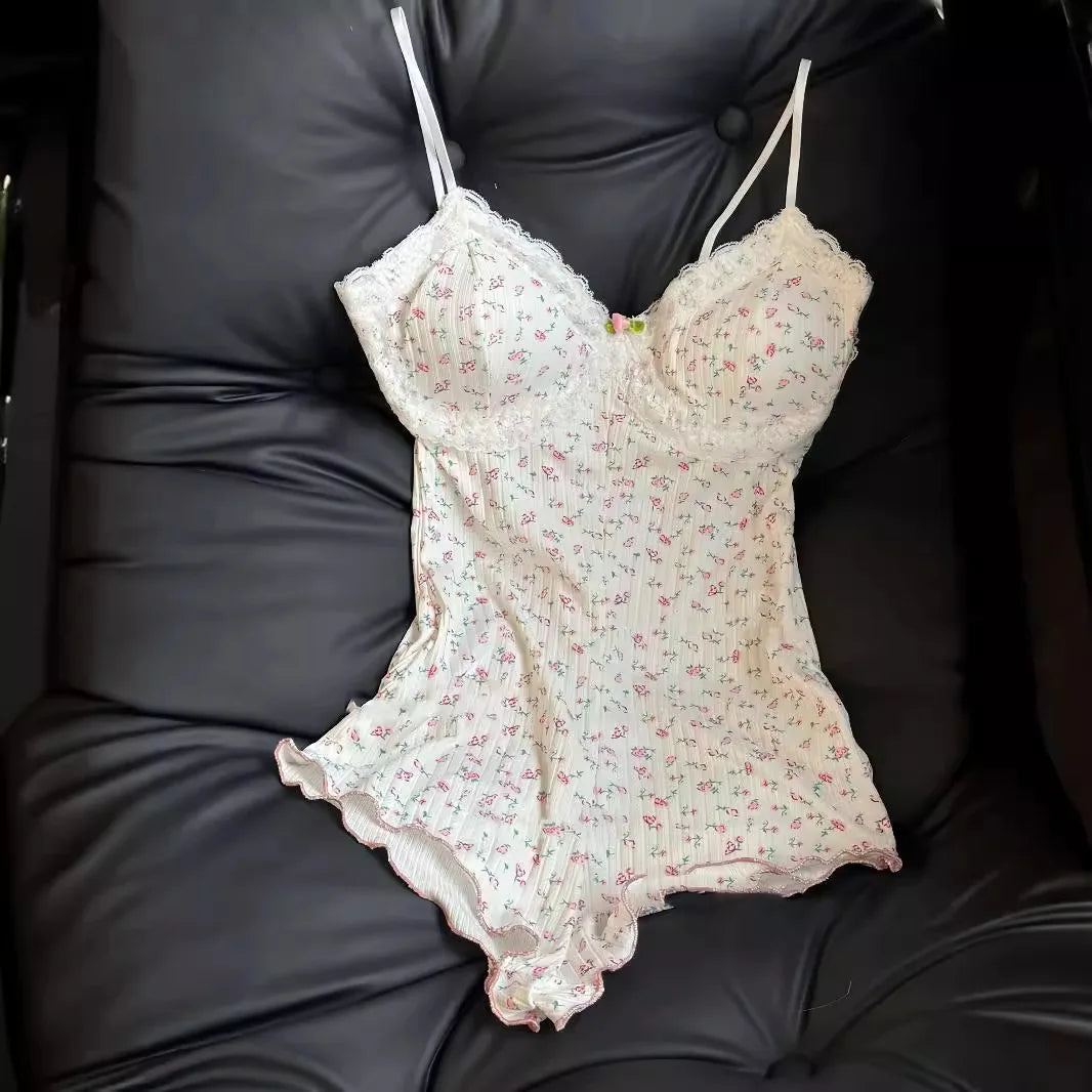 Body imprimé floral avec dentelle — Justaucorps slim sans manches
