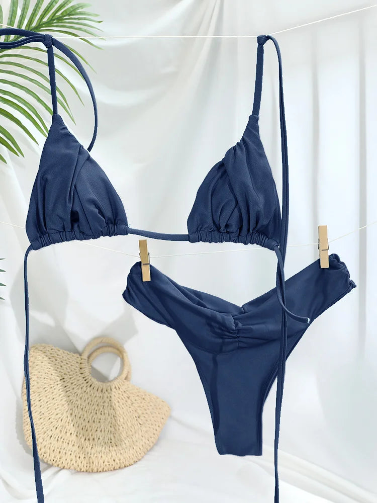 Bikini uni froncé micro triangle — Maillot de bain femme volants