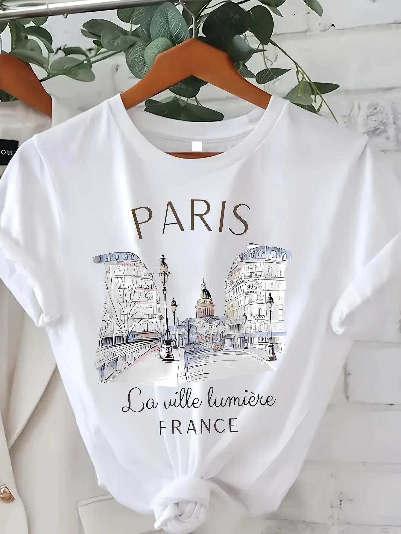T-shirt femme imprimé Paris — Haut col rond manches courtes style 90s