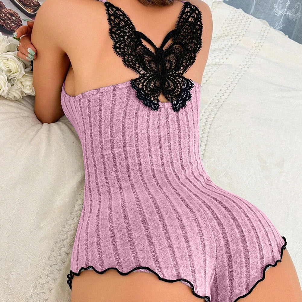 Combinaison pyjama papillon brodé — Loungwear dentelle dos nu femme