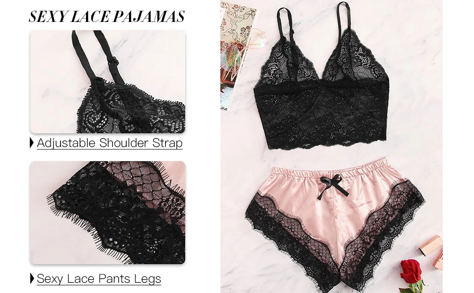 Ensemble pyjama satin 2 pièces — Top dentelle + short femme