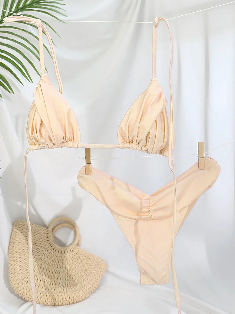Bikini uni froncé micro triangle — Maillot de bain femme volants