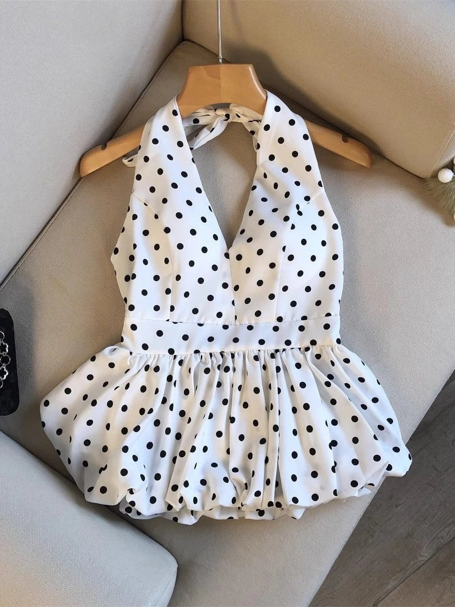 Crop top dos nu à pois — Haut halter volants plage femme