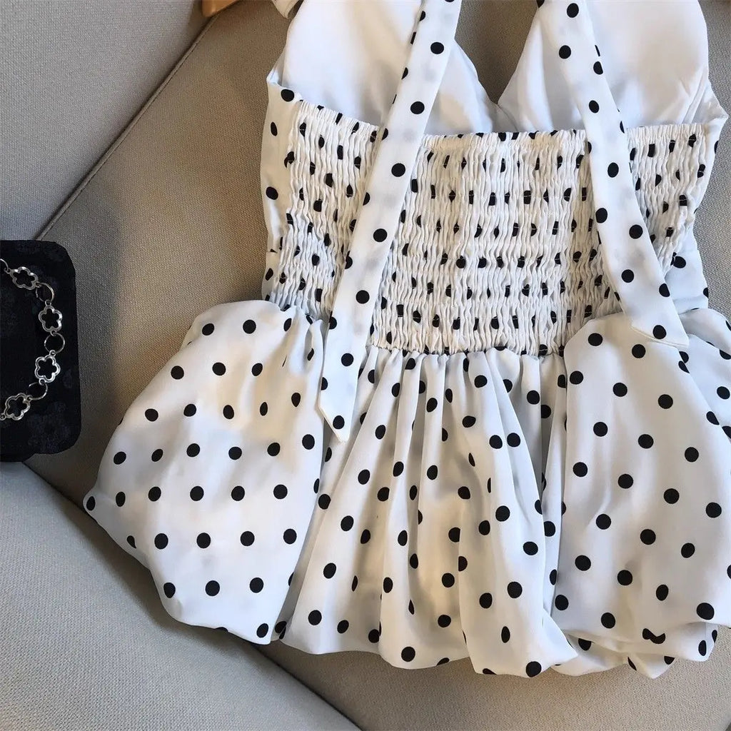 Crop top dos nu à pois — Haut halter volants plage femme