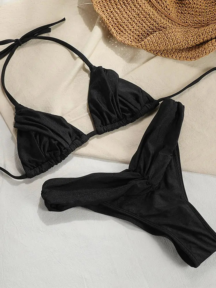 Bikini uni froncé micro triangle — Maillot de bain femme volants