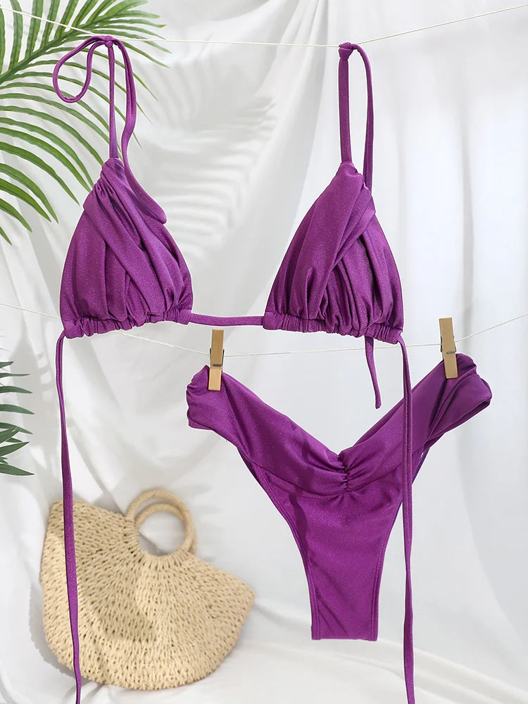 Bikini uni froncé micro triangle — Maillot de bain femme volants
