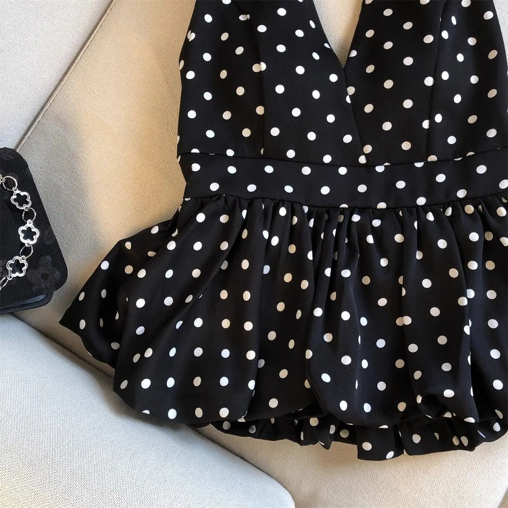 Crop top dos nu à pois — Haut halter volants plage femme