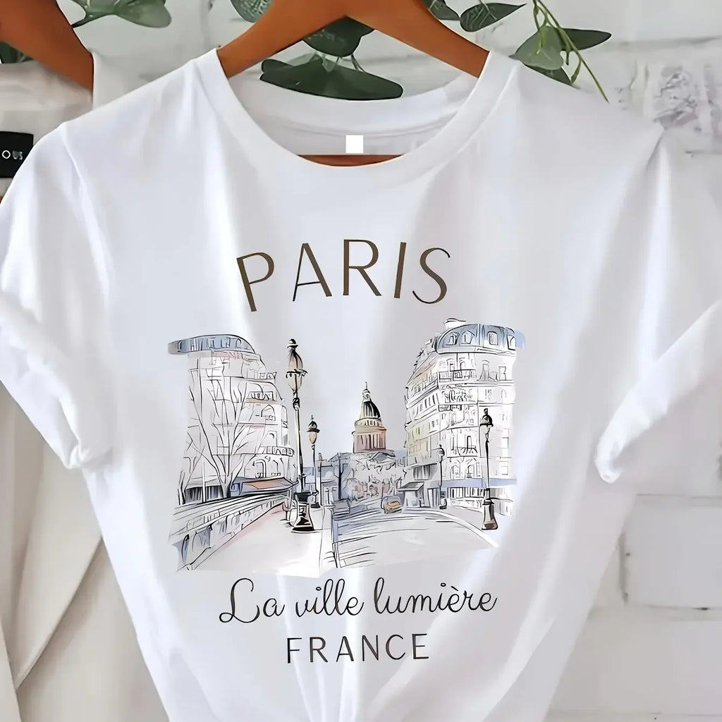 T-shirt femme imprimé Paris — Haut col rond manches courtes style 90s