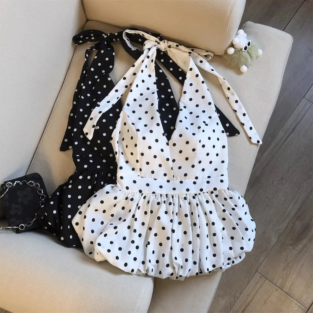 Crop top dos nu à pois — Haut halter volants plage femme
