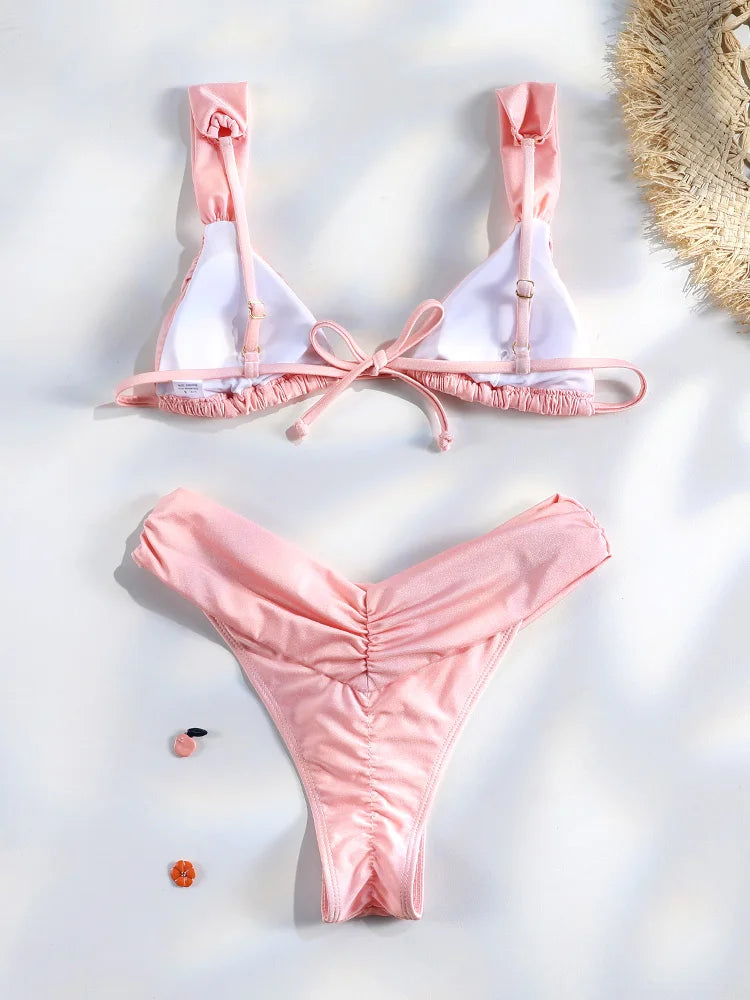Bikini uni froncé micro triangle — Maillot de bain femme volants