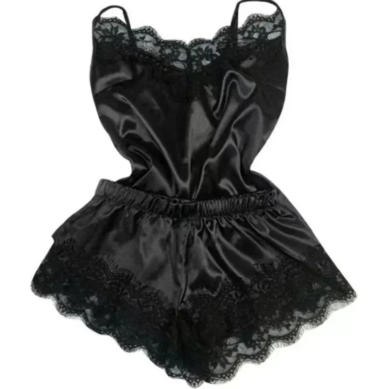 Ensemble pyjama soie lacet — Top spaghetti + short confort femme