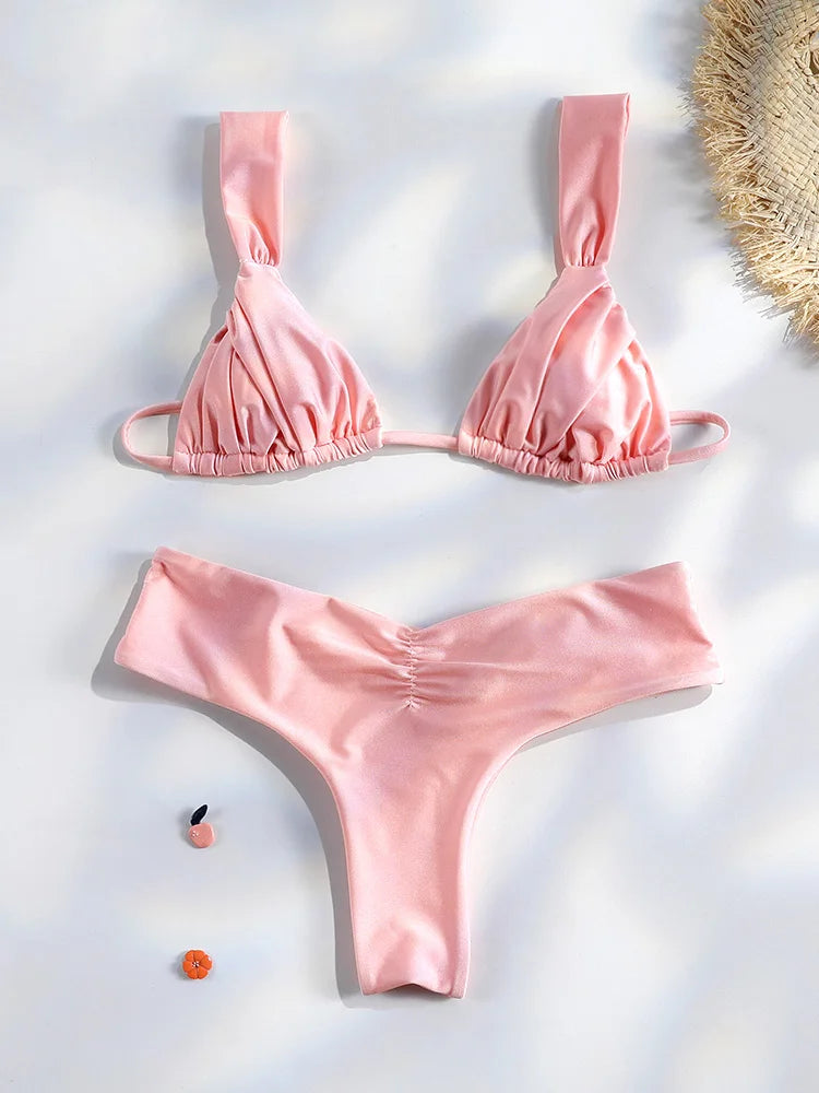 Bikini uni froncé micro triangle — Maillot de bain femme volants