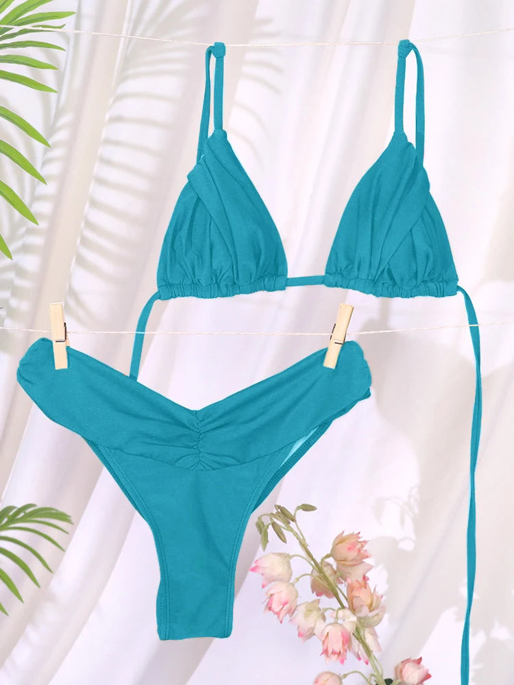 Bikini uni froncé micro triangle — Maillot de bain femme volants