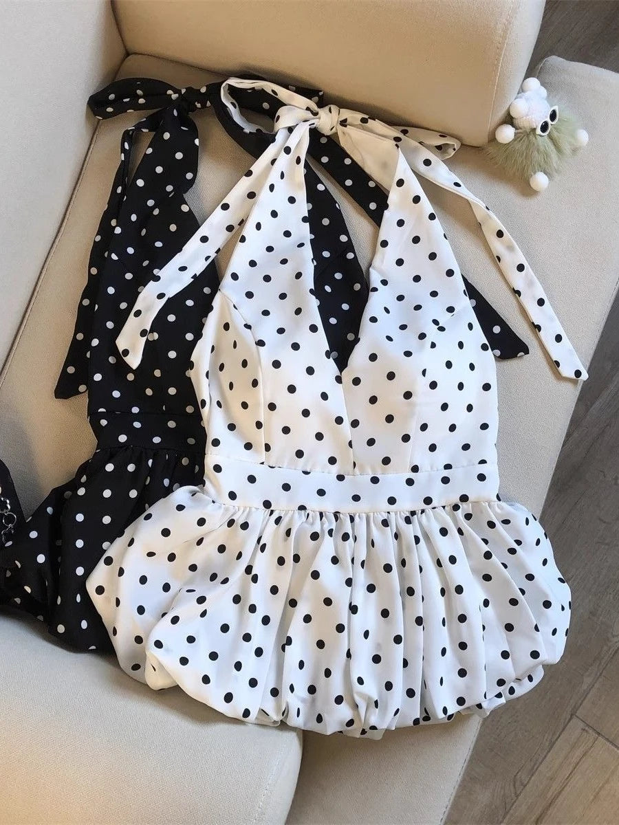 Crop top dos nu à pois — Haut halter volants plage femme