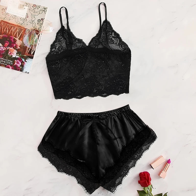 Ensemble pyjama satin 2 pièces — Top dentelle + short femme