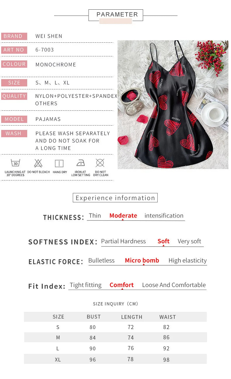 Nuisette satin imprimé lèvres — Robe de nuit mini dos nu col V