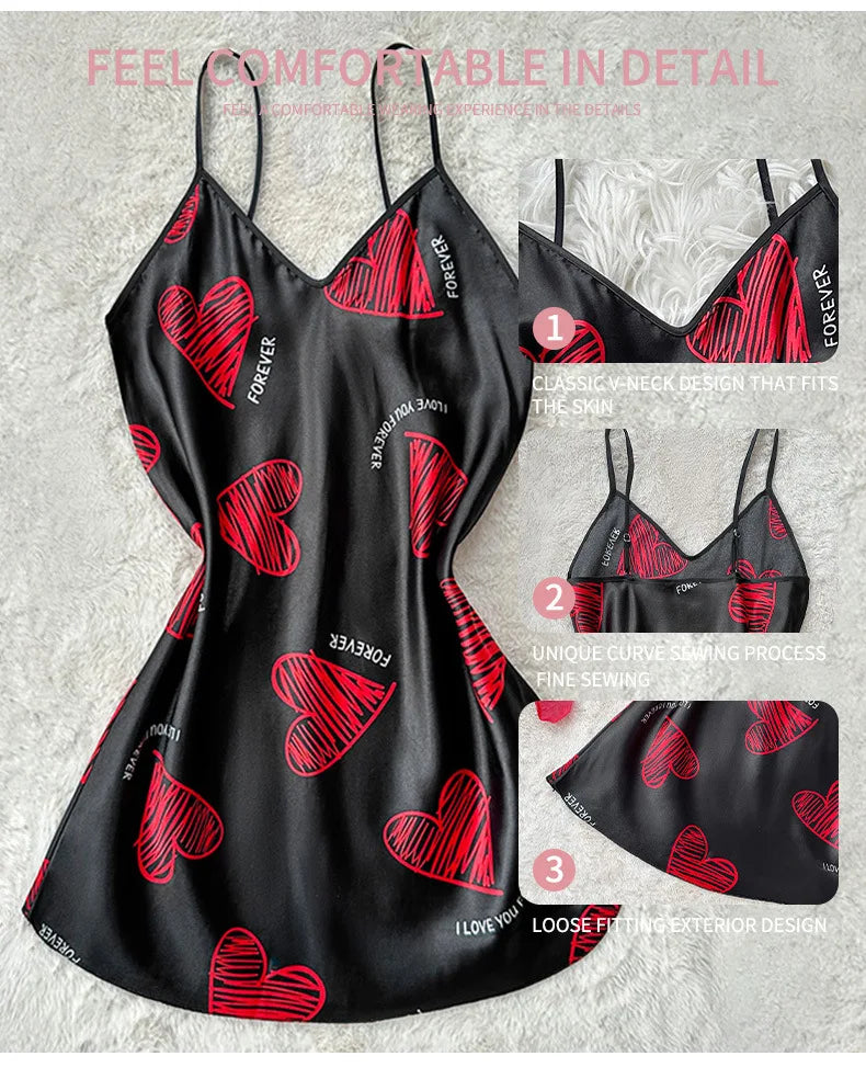 Nuisette satin imprimé lèvres — Robe de nuit mini dos nu col V