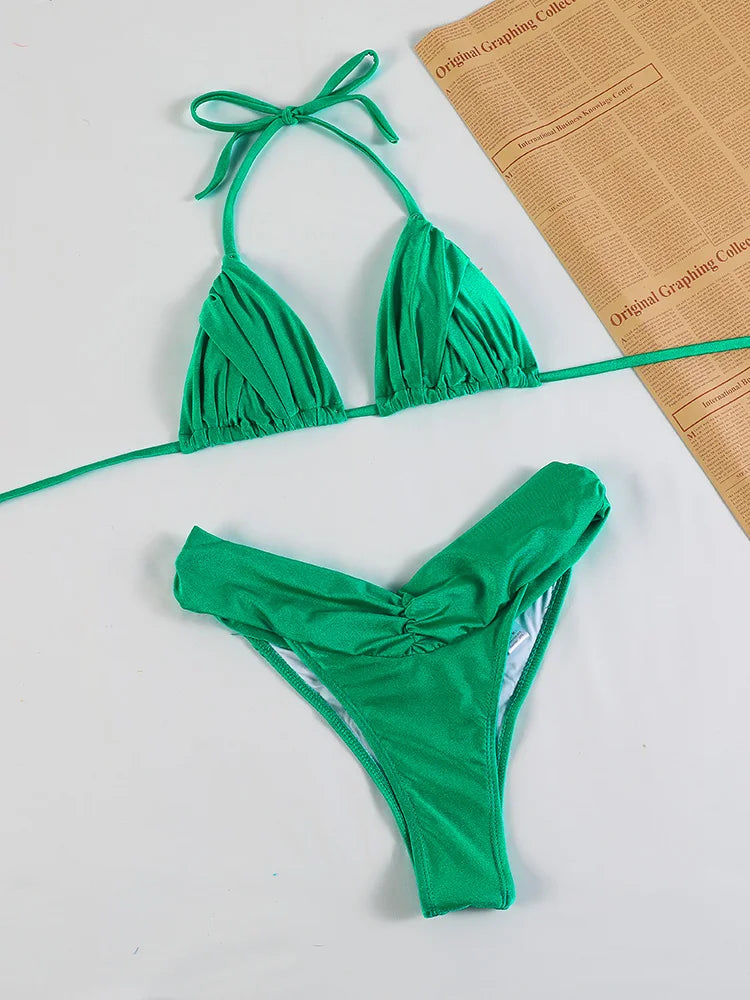 Bikini uni froncé micro triangle — Maillot de bain femme volants