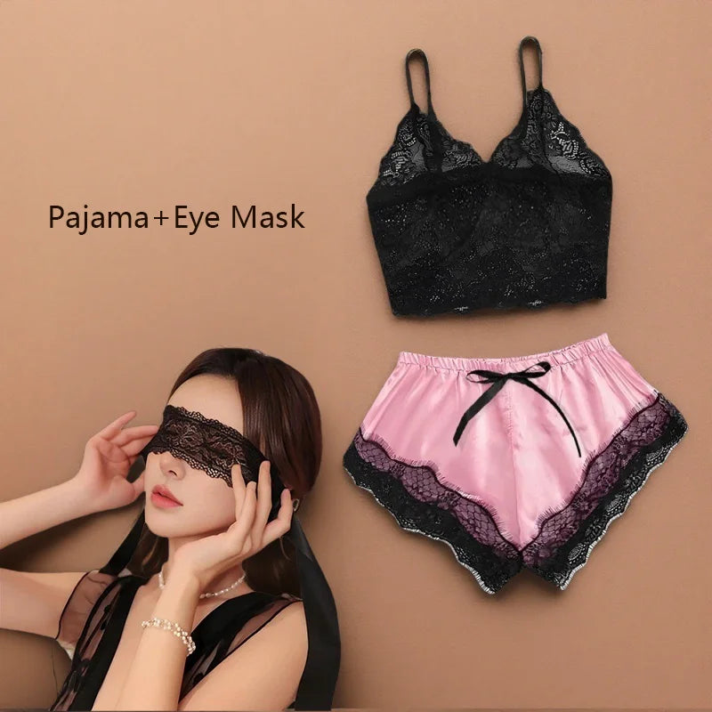 Ensemble pyjama satin 2 pièces — Top dentelle + short femme
