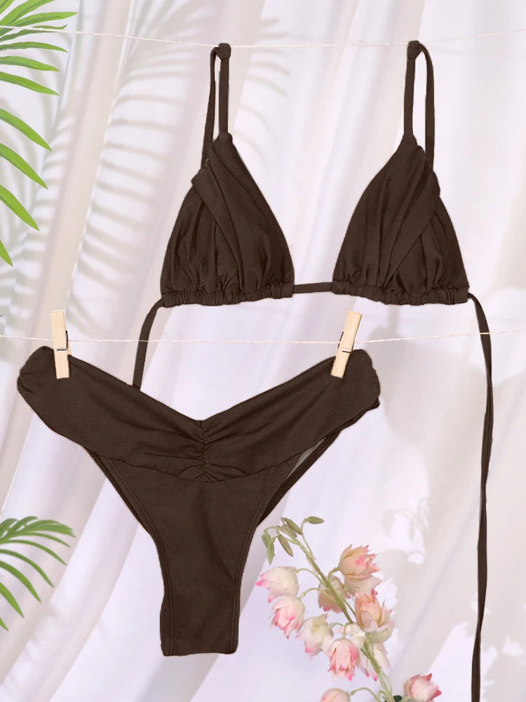 Bikini uni froncé micro triangle — Maillot de bain femme volants