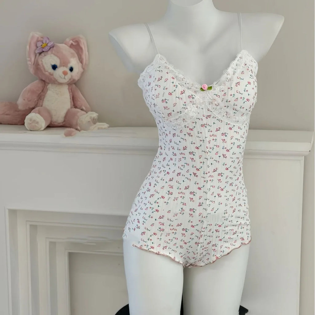 Body imprimé floral avec dentelle — Justaucorps slim sans manches