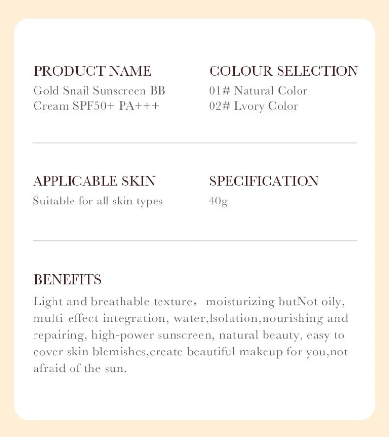 BB Cream escargot doré SPF50+ — Fond de teint hydratant anti-UV