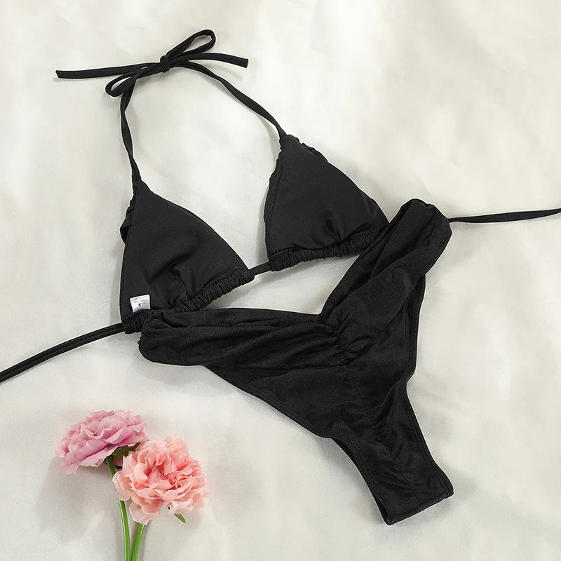 Bikini uni froncé micro triangle — Maillot de bain femme volants