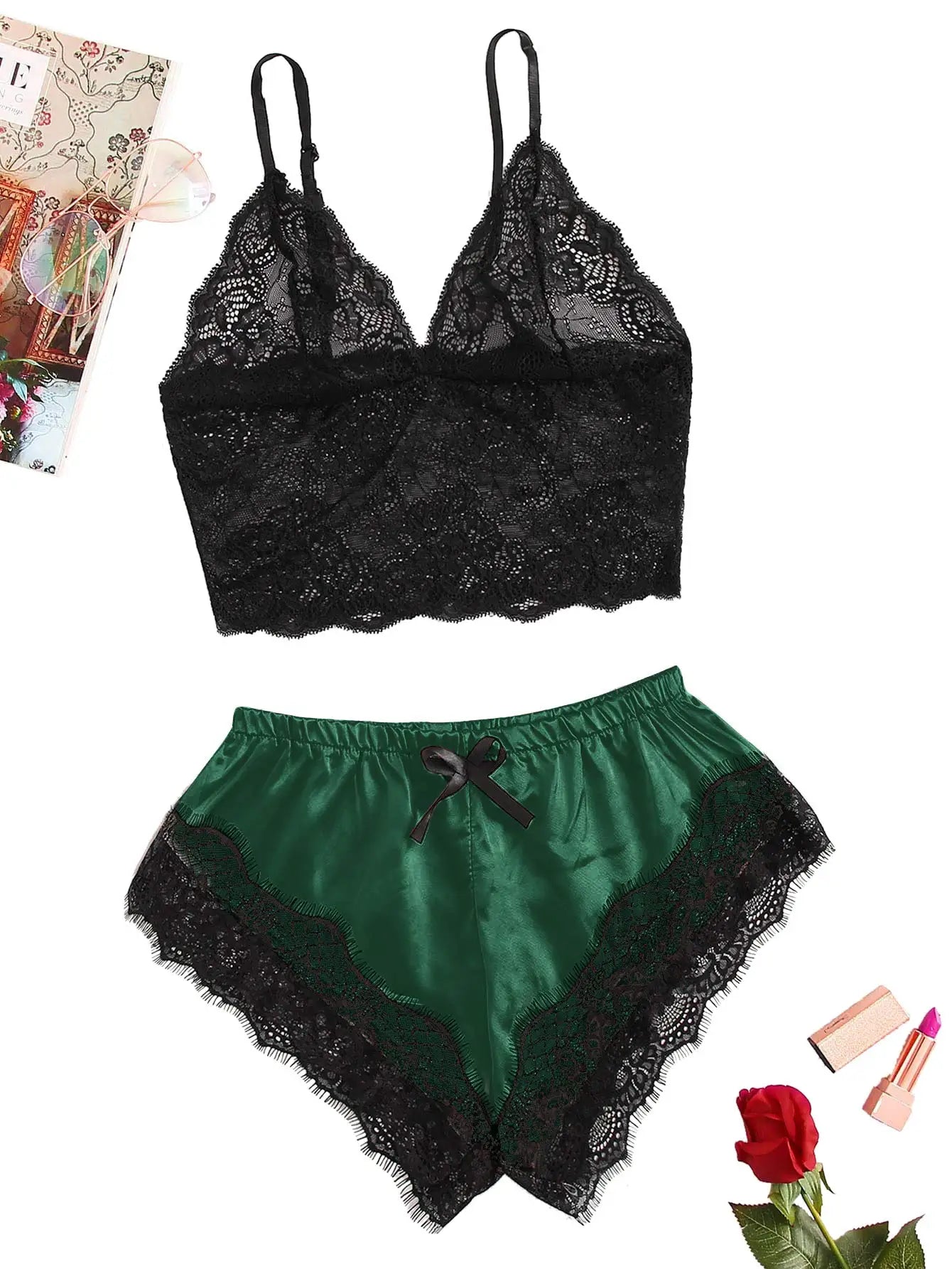 Ensemble pyjama satin 2 pièces — Top dentelle + short femme