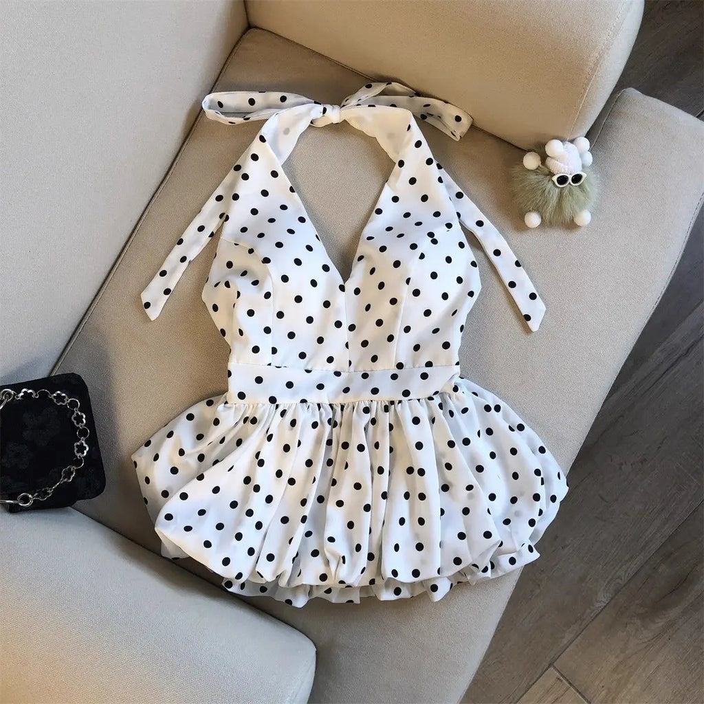 Crop top dos nu à pois — Haut halter volants plage femme