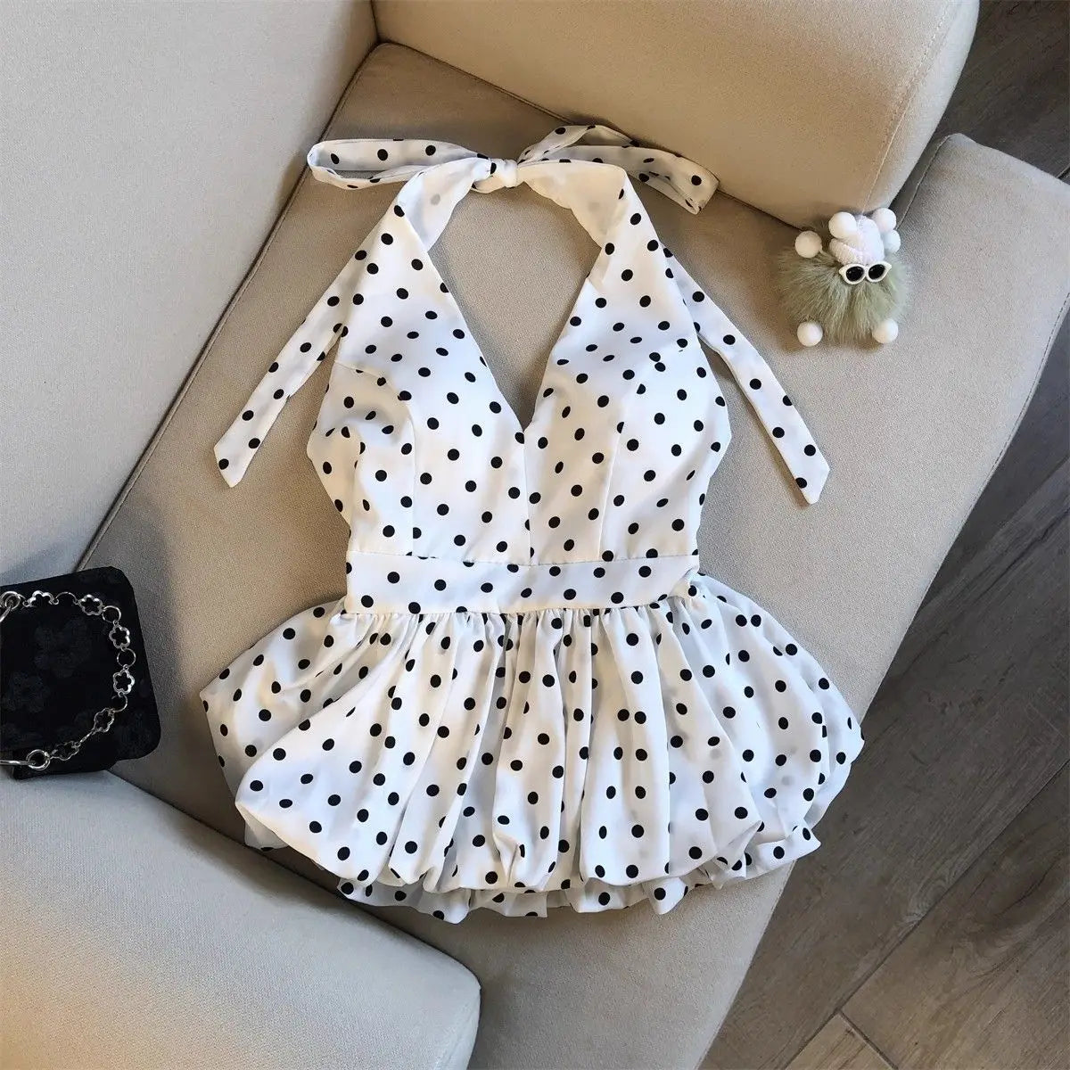 Crop top dos nu à pois — Haut halter volants plage femme