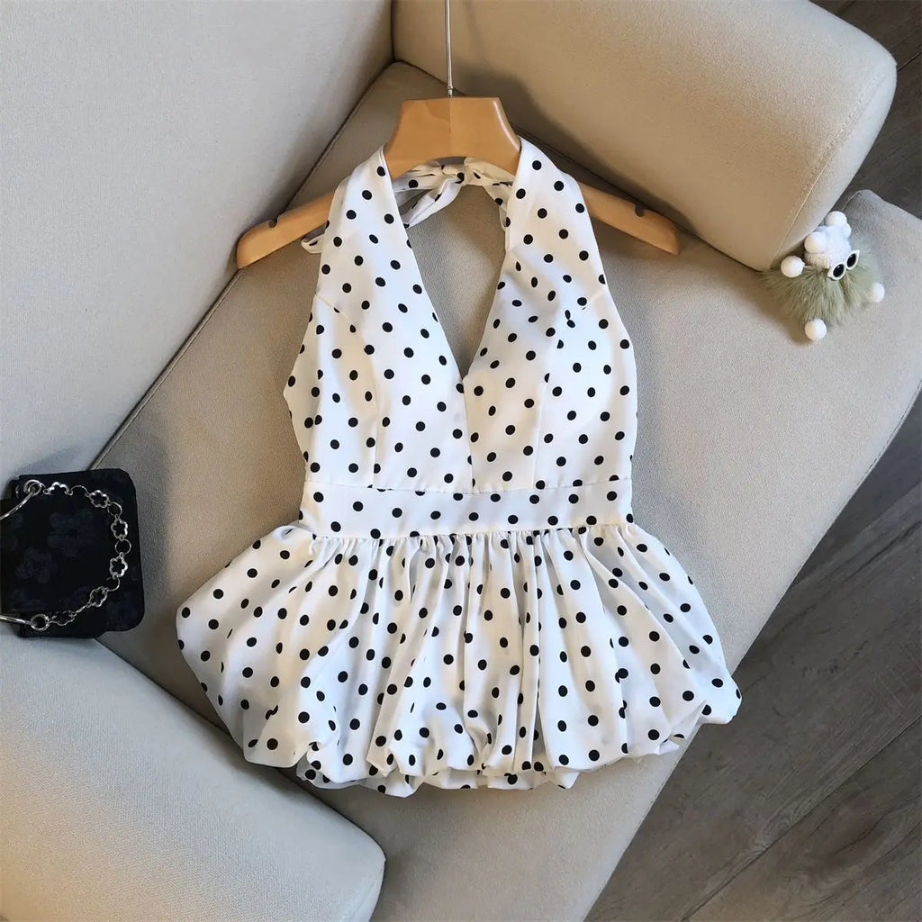 Crop top dos nu à pois — Haut halter volants plage femme