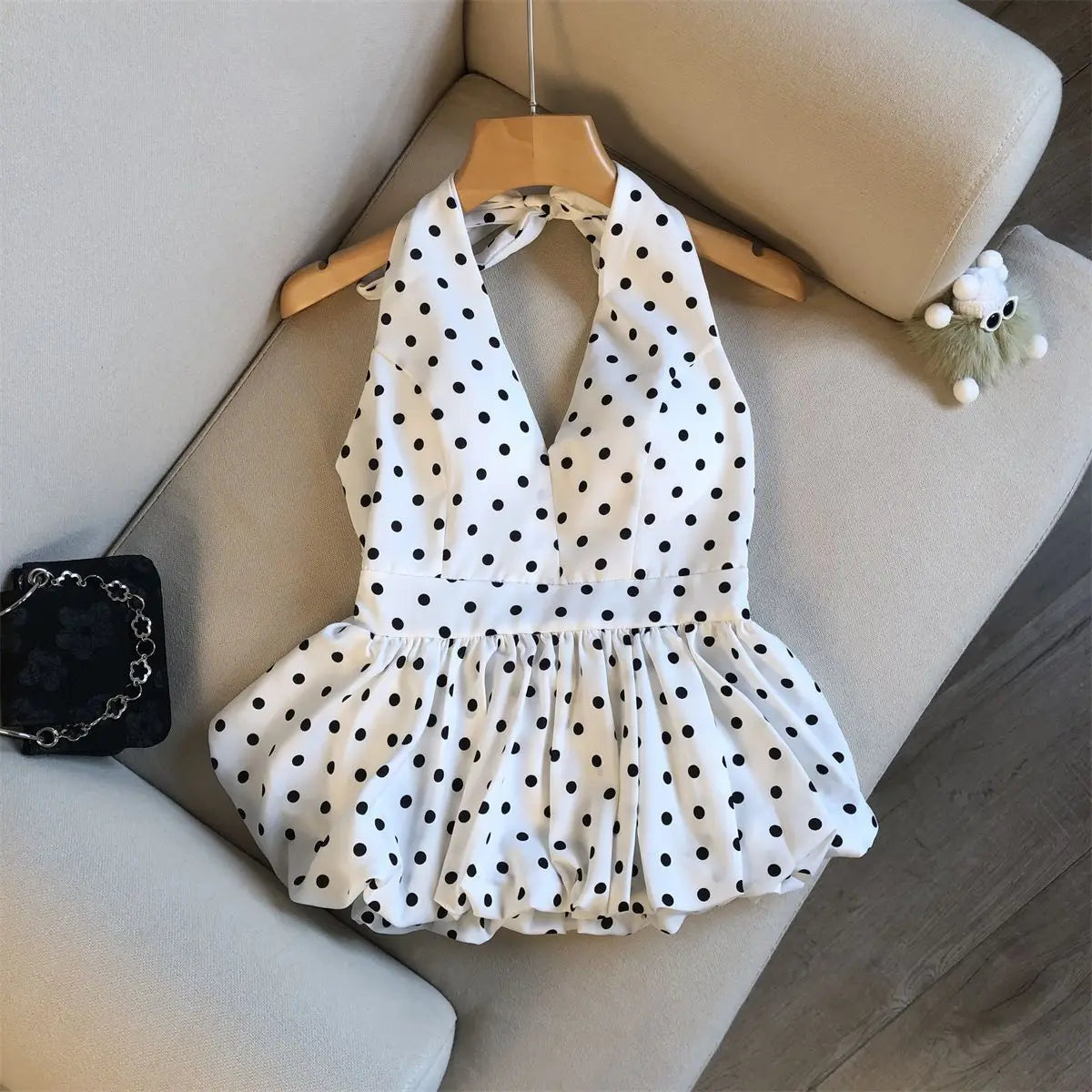 Crop top dos nu à pois — Haut halter volants plage femme
