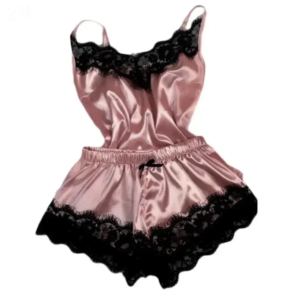 Ensemble pyjama soie lacet — Top spaghetti + short confort femme