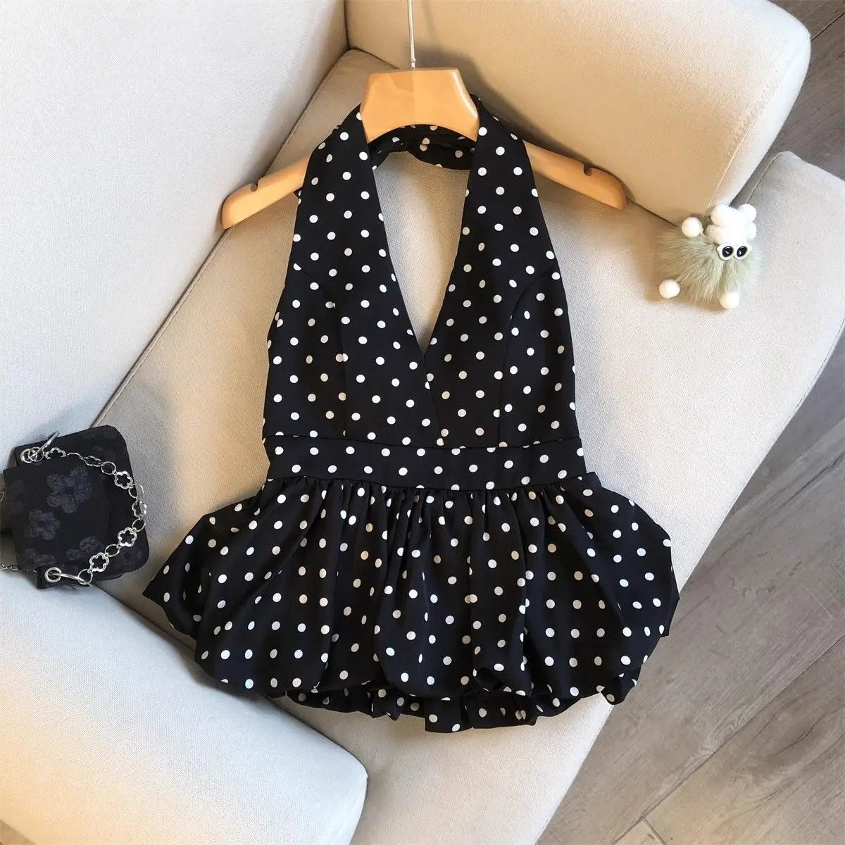 Crop top dos nu à pois — Haut halter volants plage femme