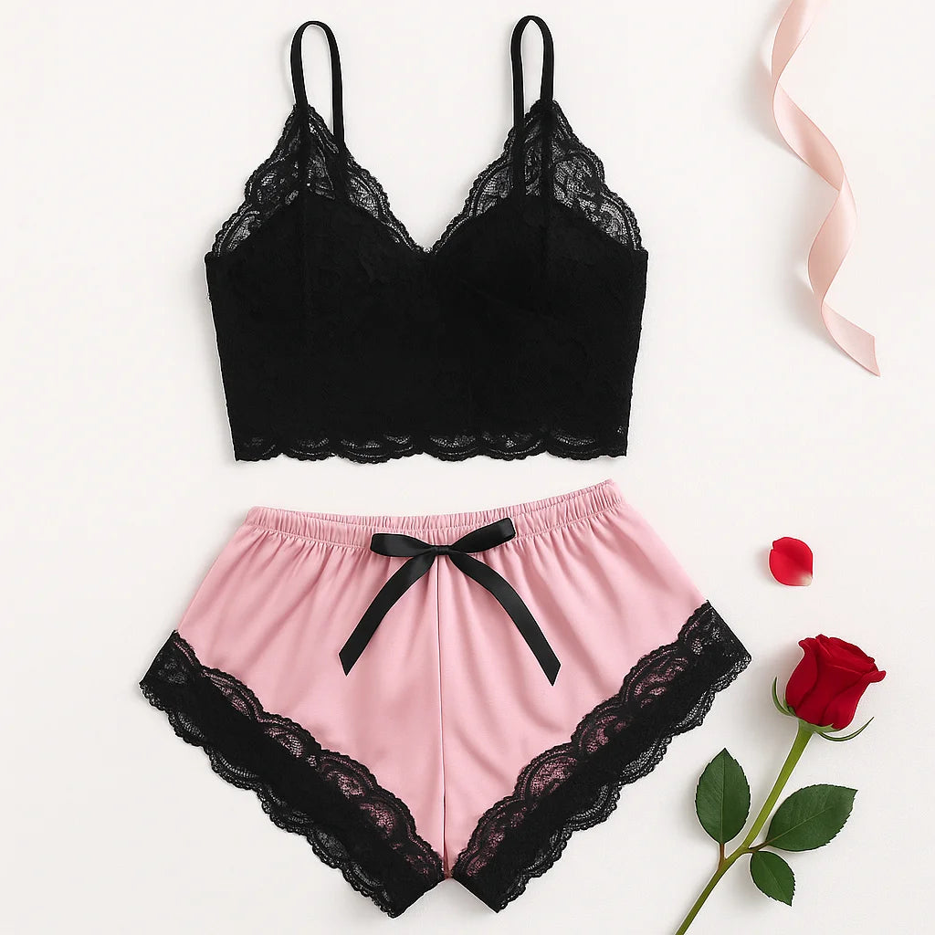 Ensemble pyjama satin 2 pièces — Top dentelle + short femme