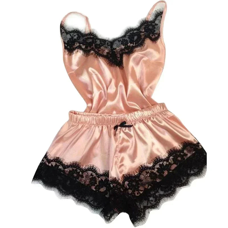 Ensemble pyjama soie lacet — Top spaghetti + short confort femme