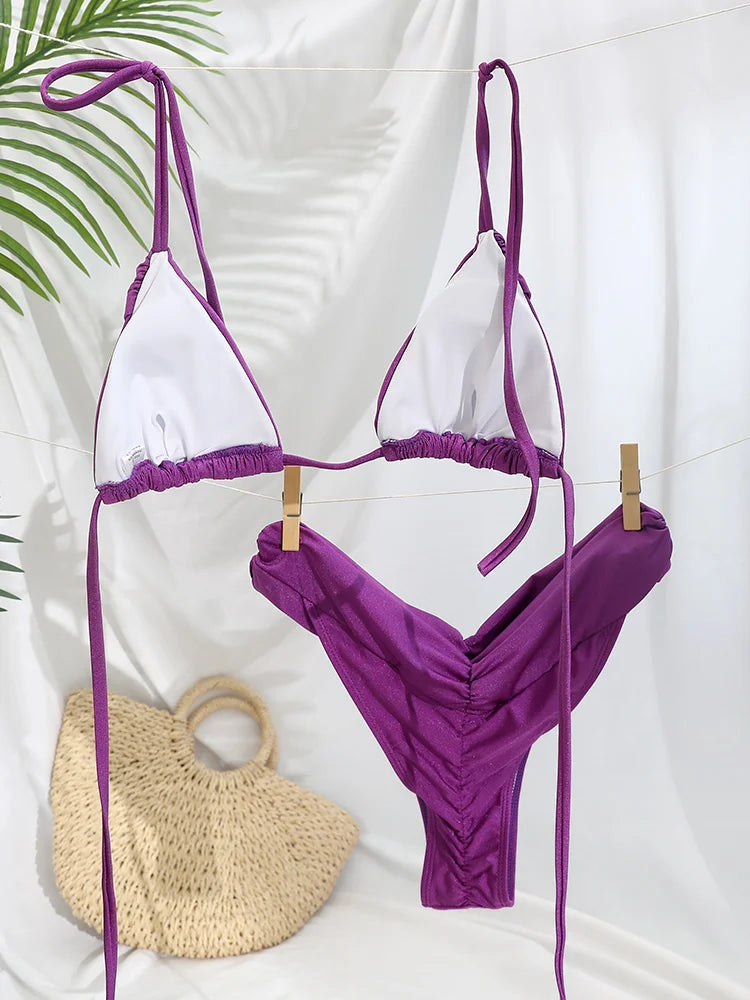 Bikini uni froncé micro triangle — Maillot de bain femme volants